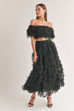 Black Mesh Shaggy Off Shoulder Top And Midi Skirt Set
