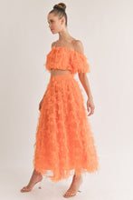 Orange Mesh Shaggy Off Shoulder Top And Midi Skirt Set