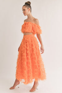 Orange Mesh Shaggy Off Shoulder Top And Midi Skirt Set