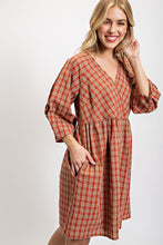 Red Clay Plaid V-Neck Dress with Side Pockets