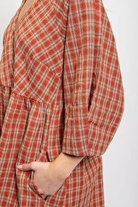Red Clay Plaid V-Neck Dress with Side Pockets