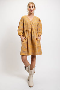 Ochre Plaid V-Neck Dress with Side Pockets