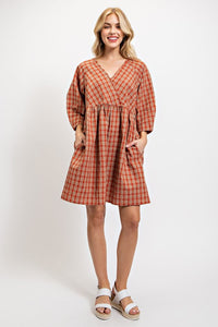 Red Clay Plaid V-Neck Dress with Side Pockets