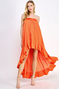 Orange Strapless Shirred High Low Satin Dress