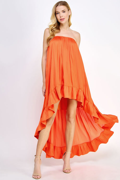Orange Strapless Shirred High Low Satin Dress