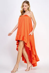 Orange Strapless Shirred High Low Satin Dress