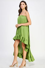 Kiwi Green Strapless Shirred High Low Satin Dress