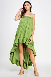 Kiwi Green Strapless Shirred High Low Satin Dress