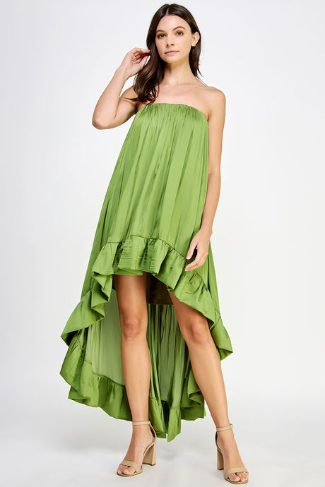 Kiwi Green Strapless Shirred High Low Satin Dress