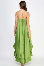 Kiwi Green Strapless Shirred High Low Satin Dress