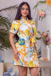 White Multi Printed Pleat Detail Mini Dress