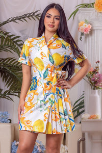 White Multi Printed Pleat Detail Mini Dress