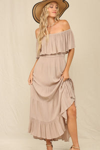 Taupe Off Whoulder Maxi Dress With Ruffle Top