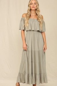 Olive Off Whoulder Maxi Dress With Ruffle Top