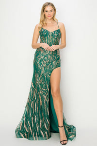 Green/Gold Embroidery/Glitter Illusion Top Sheath Dress