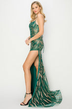 Green/Gold Embroidery/Glitter Illusion Top Sheath Dress