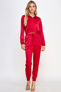 Red Long Sleeve Shirt Top With Jogger Pants Set
