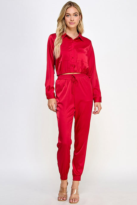 Red Long Sleeve Shirt Top With Jogger Pants Set