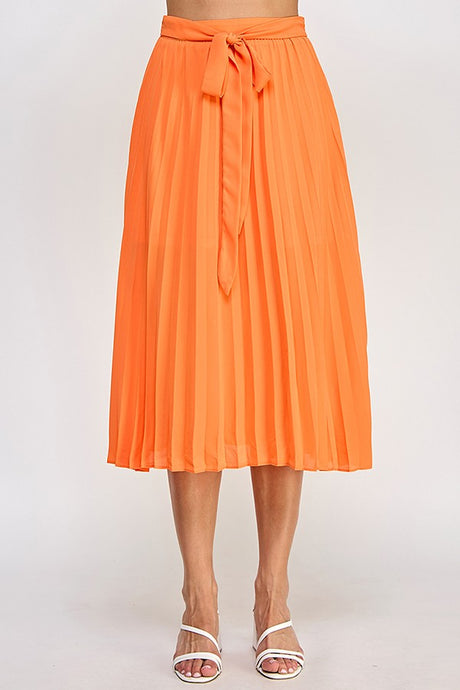 Orange Pleated Midi Skirt