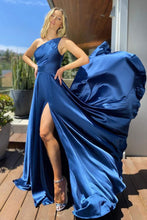 Blue High Slit Floor Length Semi Formal Dress