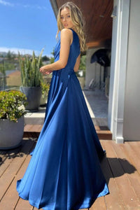 Blue High Slit Floor Length Semi Formal Dress