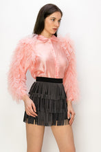 Peach Shimmer Long Sleeve Neck Ribbon Button Down Top