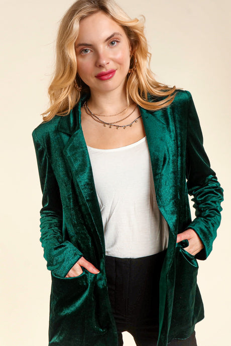 Hunter Green Velvet Collar And Lapel Blazer With Pockets