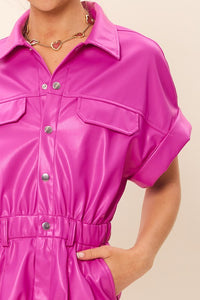Magenta Pink Short Sleeved Pu Rompers