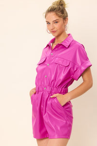 Magenta Pink Short Sleeved Pu Rompers