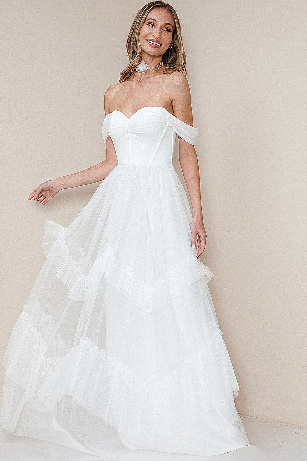 White Off Shoulder Ruffle Layered Tulle Maxi Dress Aquarius Brand White Off Shoulder Ruffle Layered Tulle Maxi Dress Aquarius Brand