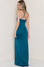 Emerald Cowl Neck Satin Shirring Slit Side Maxi Dress