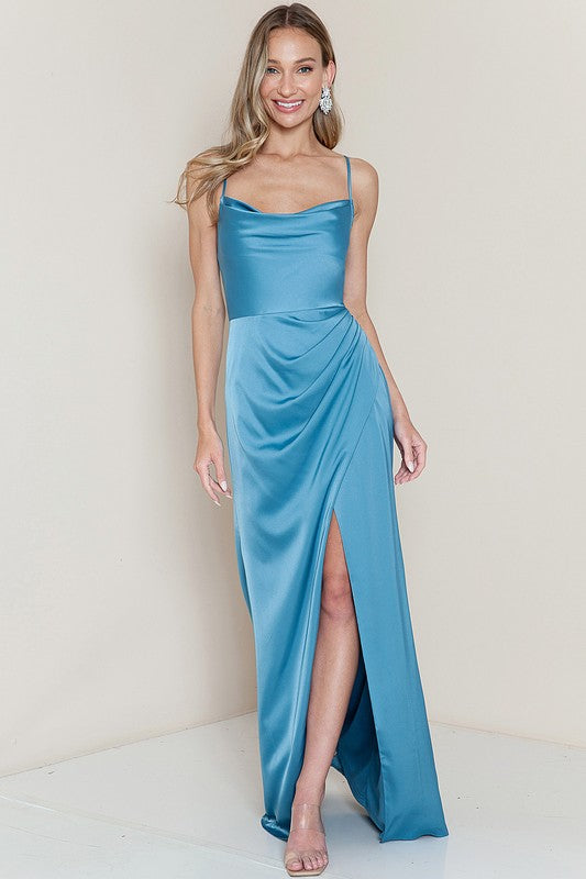 Blue Cowl Neck Satin Shirring Slit Side Maxi Dress – Aquarius Brand