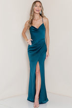 Emerald Cowl Neck Satin Shirring Slit Side Maxi Dress
