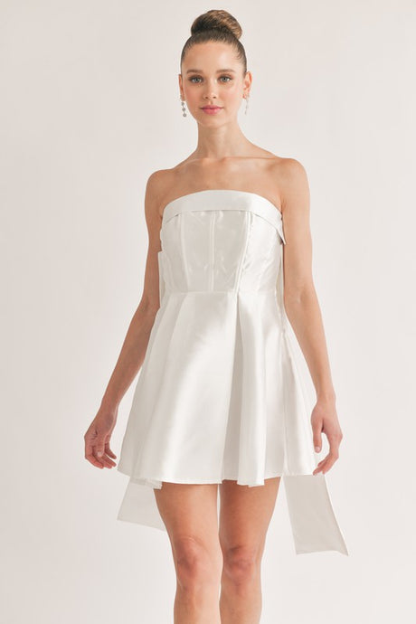 Off White Back Ribbon Detailed Tube Mini Dress