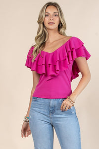 Magenta V Neck Ruffled Top