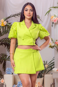 Lime Solid Lace Sleeve Jacket And Short Pants Set