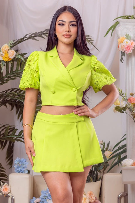 Lime Solid Lace Sleeve Jacket And Short Pants Set