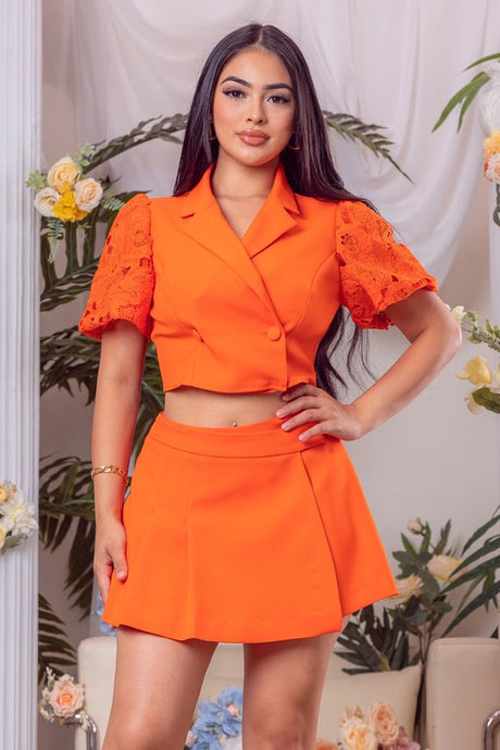 Orange Solid Lace Sleeve Jacket And Short Pants Set