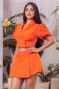 Orange Solid Lace Sleeve Jacket And Short Pants Set