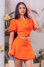 Orange Solid Lace Sleeve Jacket And Short Pants Set