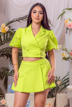 Lime Solid Lace Sleeve Jacket And Short Pants Set