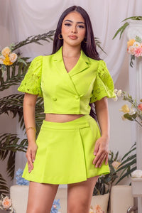 Lime Solid Lace Sleeve Jacket And Short Pants Set