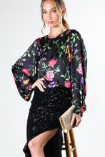 Black Puff Long Sleeve Floral Print Satin Blouse Top
