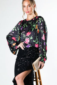 Black Puff Long Sleeve Floral Print Satin Blouse Top
