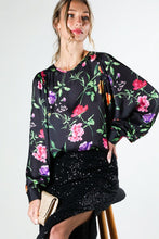 Black Puff Long Sleeve Floral Print Satin Blouse Top