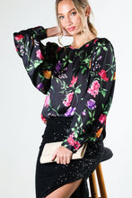 Black Puff Long Sleeve Floral Print Satin Blouse Top