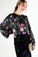Black Puff Long Sleeve Floral Print Satin Blouse Top
