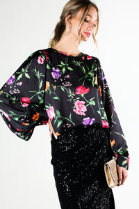Black Puff Long Sleeve Floral Print Satin Blouse Top