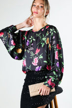 Black Puff Long Sleeve Floral Print Satin Blouse Top