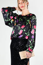 Black Puff Long Sleeve Floral Print Satin Blouse Top